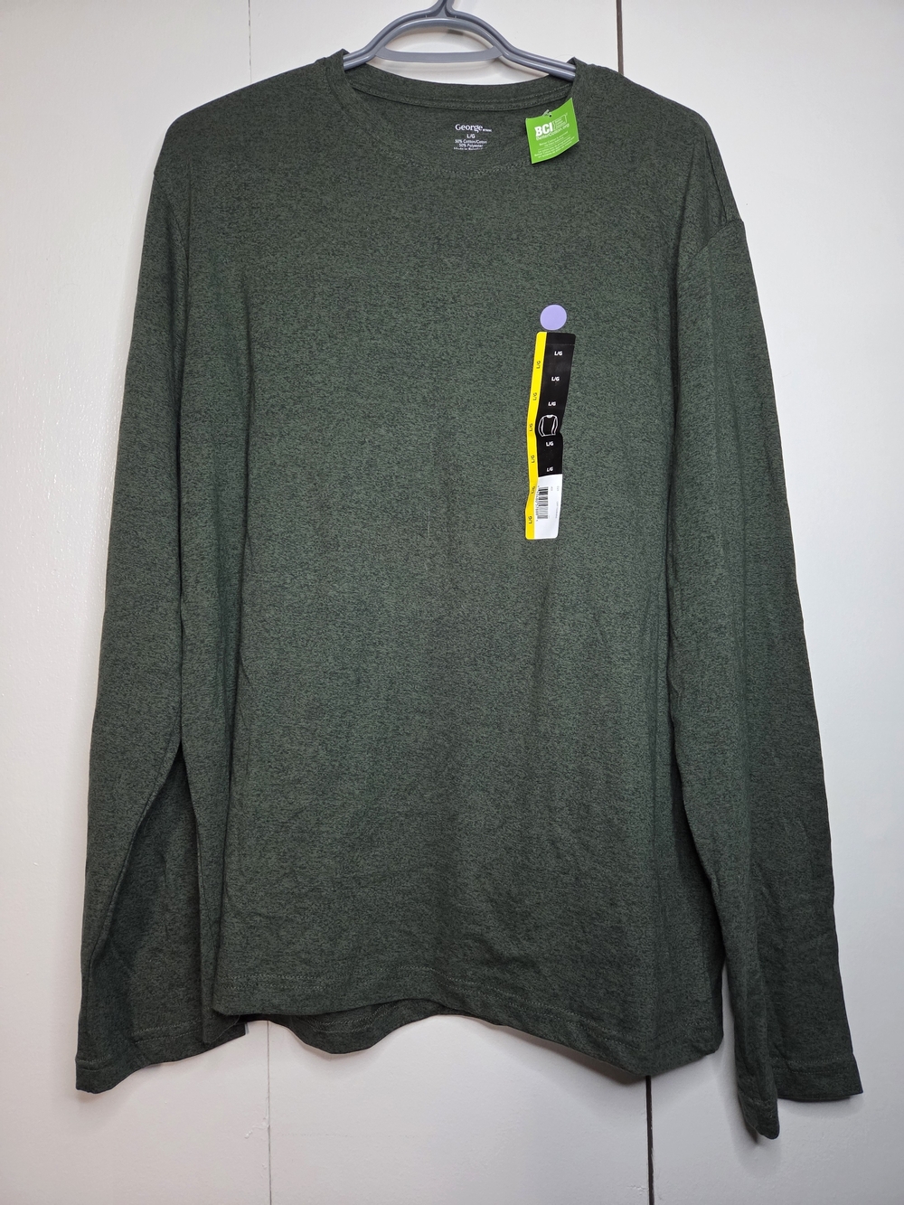 🌷George Men's L Olive Green Long-Sleeve Crewneck Shirt Soft Feel Comfort